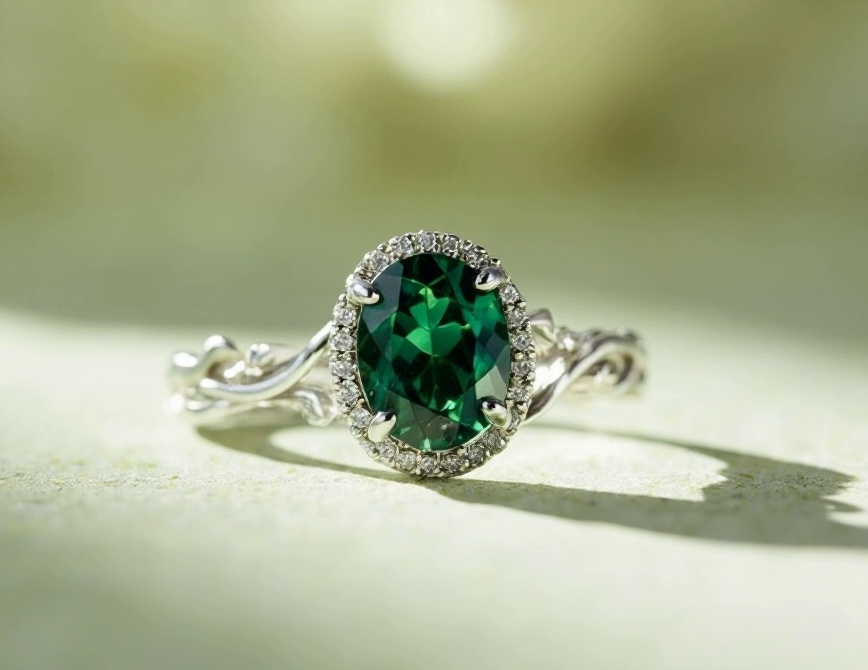 Halo setting with green tourmaline and moissanite